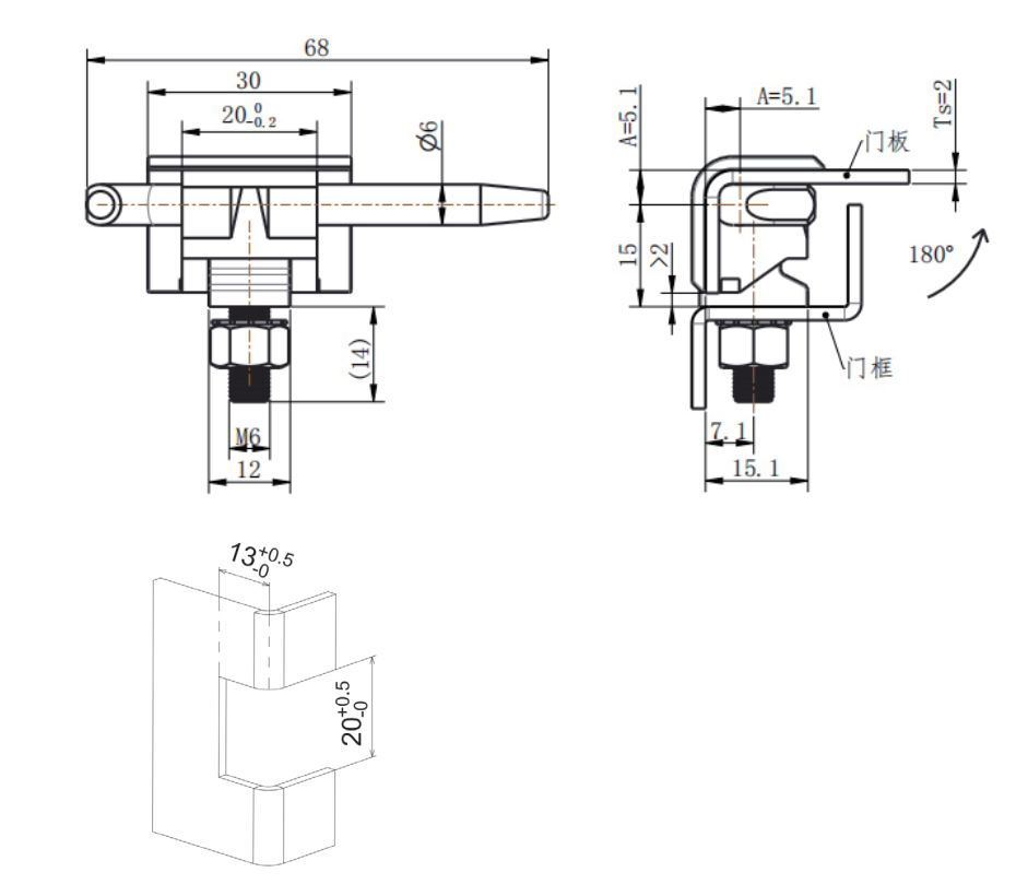 CL230-4 technical dimension drawing SUS304 detachable lift-off hinge 180° opening installation size specification