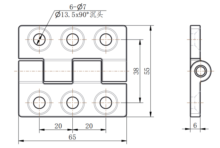 CL233-3 technical dimension drawing zinc alloy butt hinge 180 degree opening 6 hole mounting size specification