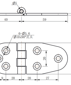 CL238-1 technical dimension drawing SUS304 oval butt hinge 180 degree opening 6 hole mounting size specification