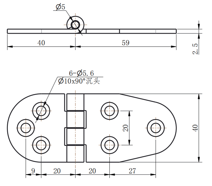 CL238-1 technical dimension drawing SUS304 oval butt hinge 180 degree opening 6 hole mounting size specification