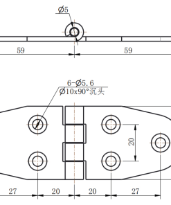 CL238-2 technical dimension drawing SUS304 symmetrical oval butt hinge 180 degree opening 6 hole mounting size specification
