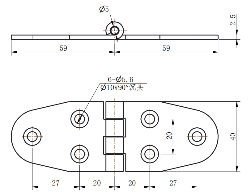 CL238-2 technical dimension drawing SUS304 symmetrical oval butt hinge 180 degree opening 6 hole mounting size specification