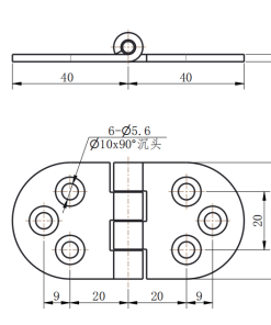 CL238-3 technical dimension drawing SUS304 compact symmetrical oval butt hinge 180 degree opening 6 hole mounting size specification