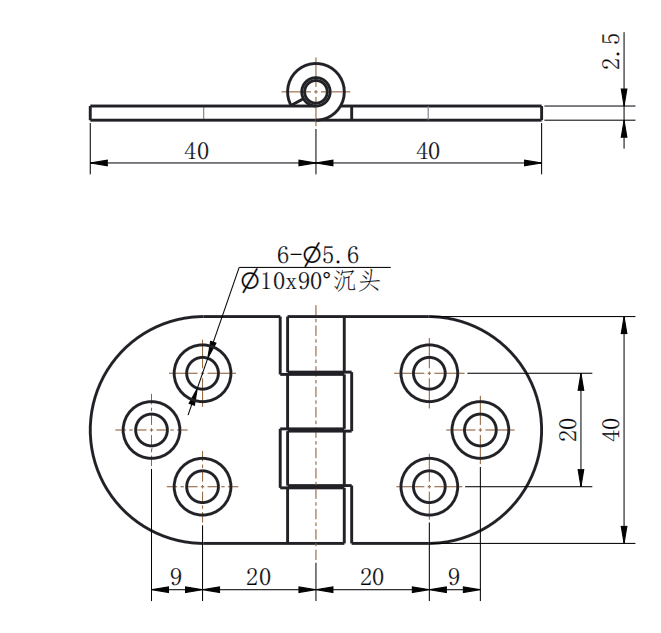 CL238-3 technical dimension drawing SUS304 compact symmetrical oval butt hinge 180 degree opening 6 hole mounting size specification