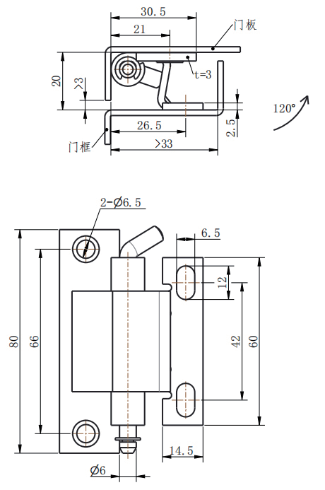 CL250-1 technical dimension drawing concealed adjustable hinge 120 degree opening mounting hole size slotted adjustment plate installation specification