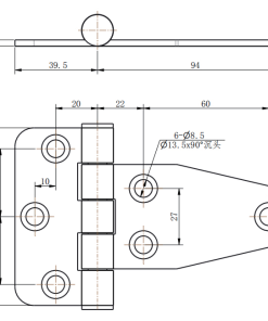 CL115-2 steel damping hinge technical drawing with countersunk hole dimensions