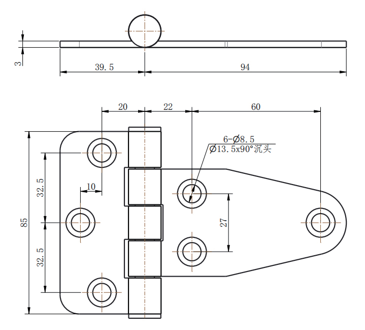 CL115-2 steel damping hinge technical drawing with countersunk hole dimensions
