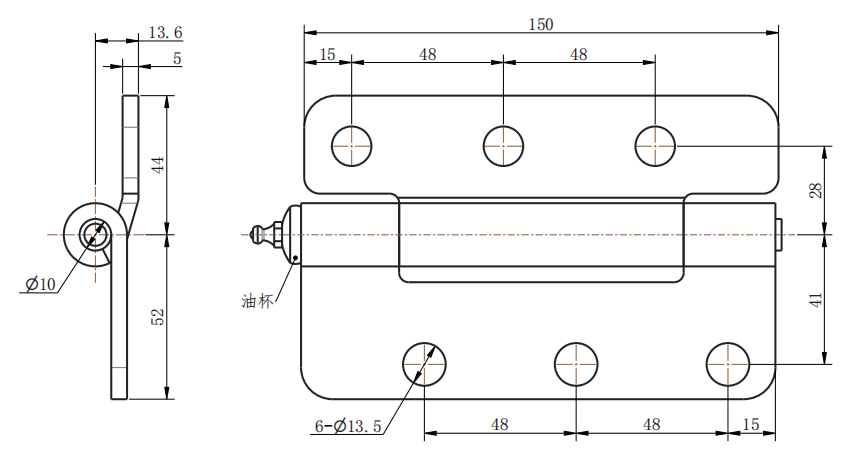 Engineering drawing ALT: `CL158-1 steel oil cup hinge technical dimension drawing`