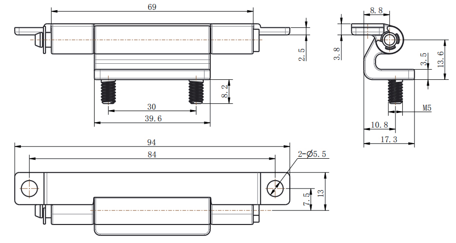 CL180-1S stainless steel hidden hinge M5 stud technical dimension drawing