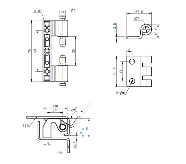 CL201-1E 120 degree hidden hinge technical dimension drawing