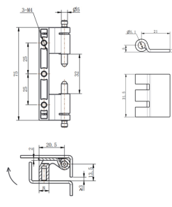 CL201-2 compact hidden hinge technical dimension drawing with M4 studs