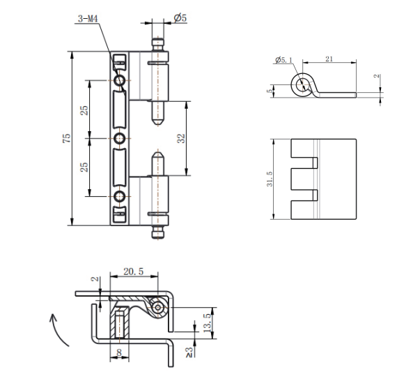 CL201-2 compact hidden hinge technical dimension drawing with M4 studs