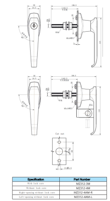 MZ312-3M technical dimension drawing zinc alloy bright chrome quarter turn L handle lock IP65 M10 threaded shaft screw mounting round hole adjustable shaft size and variant specification