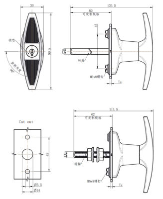 MZ316-1 technical dimension drawing zinc alloy bright chrome quarter turn T handle lock dual black grip IP54 screw mounting C8 smooth M10 threaded shaft size and variant specification