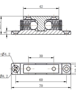 CX101-1 roller latch technical drawing showing 70mm length, 4-Ø4.2mm mounting holes, and 4-Ø8.2mm countersinks