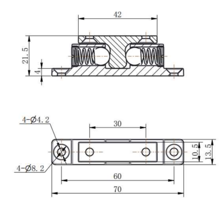 CX101-1 roller latch technical drawing showing 70mm length, 4-Ø4.2mm mounting holes, and 4-Ø8.2mm countersinks