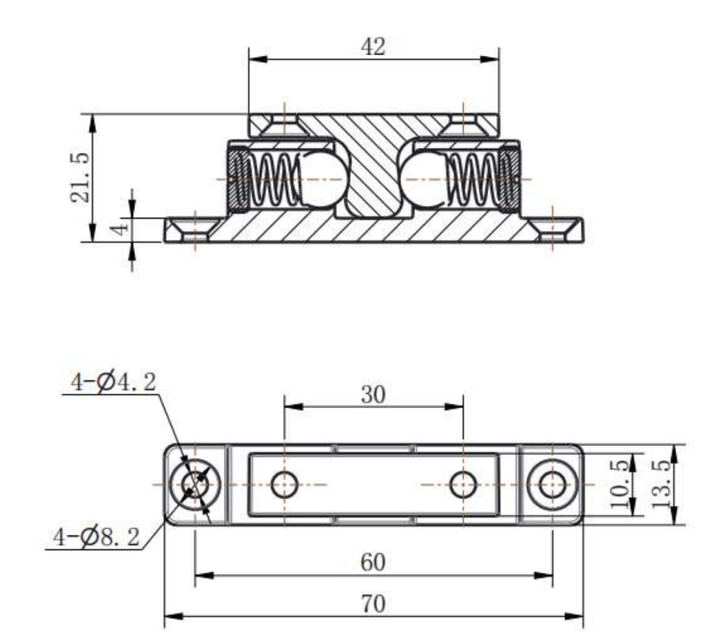 CX101-1 roller latch technical drawing showing 70mm length, 4-Ø4.2mm mounting holes, and 4-Ø8.2mm countersinks