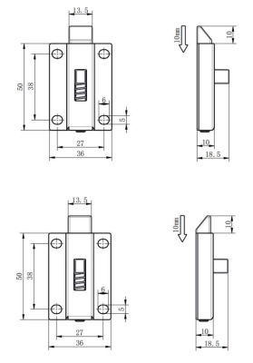 CX633-1A&AF slide latch technical drawing showing 50mm height, 10mm stroke, and 27x38mm mounting holes