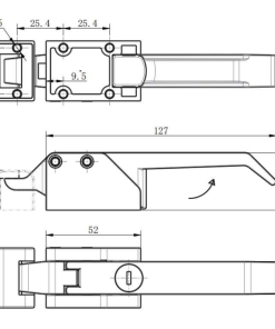 DK615-1 black toggle latch technical drawing with 127mm length, 6-M5 mounting holes, and 52mm widthtechnical drawing with 127mm length, 6-M5 mounting holes, and 52mm width
