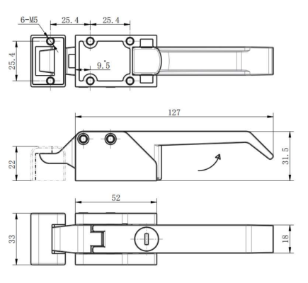 DK615-1 black toggle latch technical drawing with 127mm length, 6-M5 mounting holes, and 52mm widthtechnical drawing with 127mm length, 6-M5 mounting holes, and 52mm width