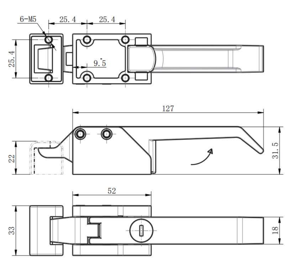DK615-1 black toggle latch technical drawing with 127mm length, 6-M5 mounting holes, and 52mm widthtechnical drawing with 127mm length, 6-M5 mounting holes, and 52mm width