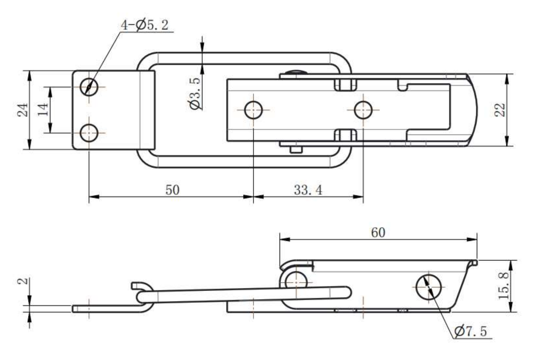 DK617-5 SUS304 toggle latch technical drawing with 4-Ø5.2mm mounting holes, Ø3.5mm spring, and 15.8mm height
