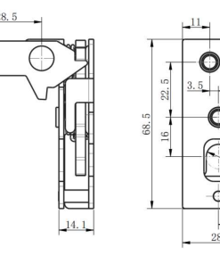 DK618-6 steel toggle latch technical drawing showing 68.5mm height, Ø10mm locking hole, and left hand configuration