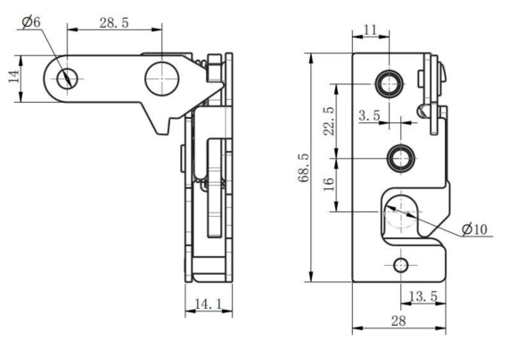 DK618-6 steel toggle latch technical drawing showing 68.5mm height, Ø10mm locking hole, and left hand configuration