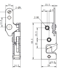 DK618-7 steel toggle latch technical drawing showing 68.5mm height, 2-M6 threaded holes, and Ø10mm locking hole