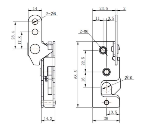DK618-7 steel toggle latch technical drawing showing 68.5mm height, 2-M6 threaded holes, and Ø10mm locking hole