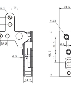DK618-8 steel toggle latch technical drawing showing 68.5mm height, 2-M6 threaded holes, Ø10mm locking hole, and multi-hole handle configuration