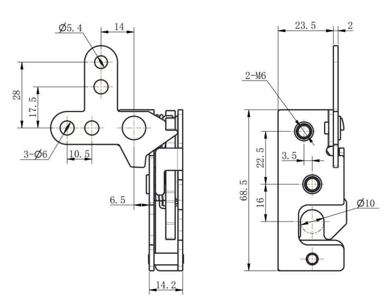 DK618-8 steel toggle latch technical drawing showing 68.5mm height, 2-M6 threaded holes, Ø10mm locking hole, and multi-hole handle configuration