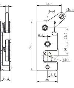 DK618-9 steel toggle latch technical drawing showing 68.5mm height, 2-M6 threaded holes, Ø10mm locking hole, and Ø6.4mm handle hole