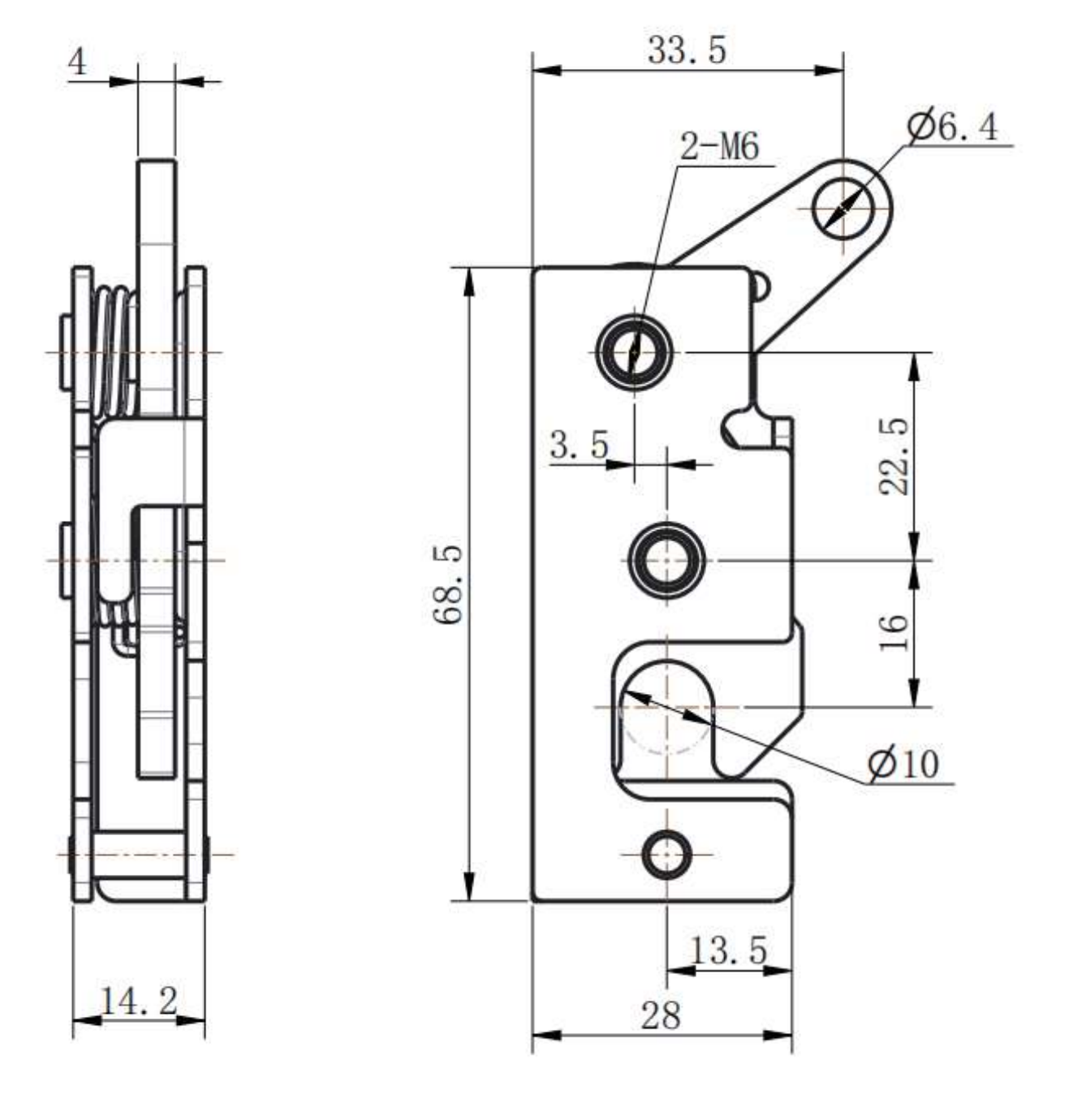 DK618-9 steel toggle latch technical drawing showing 68.5mm height, 2-M6 threaded holes, Ø10mm locking hole, and Ø6.4mm handle hole