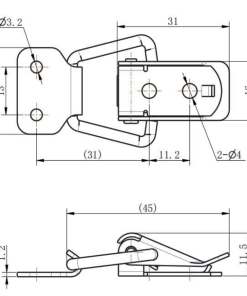 DK619-2-1D SUS304 spring latch technical drawing showing 2-Ø3.2mm base holes, 2-Ø4mm catch holes, and 11.5mm height