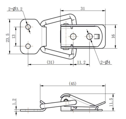 DK619-2-1D SUS304 spring latch technical drawing showing 2-Ø3.2mm base holes, 2-Ø4mm catch holes, and 11.5mm height