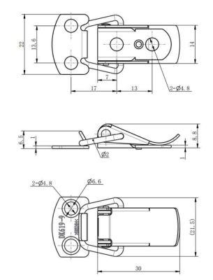 DK619-9 SUS304 spring latch technical drawing showing 30mm base length, 8.8mm height, and 2-Ø4.8mm mounting holes