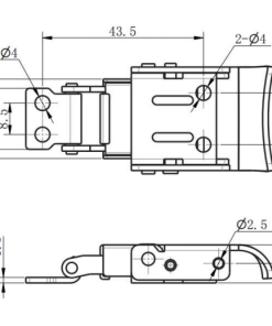 DK624 SUS304 toggle latch technical drawing showing 43.5mm base, 10.3mm height, and 2-Ø4mm mounting holes