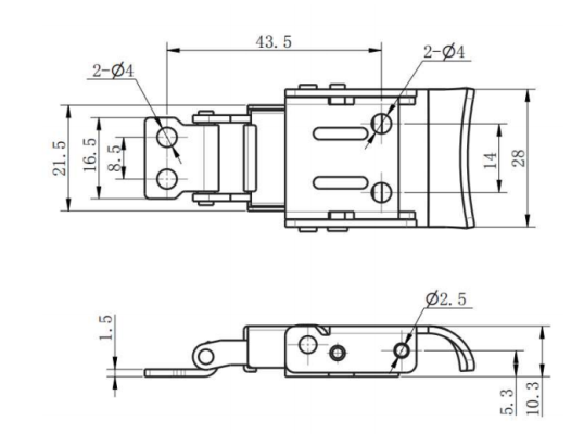 DK624 SUS304 toggle latch technical drawing showing 43.5mm base, 10.3mm height, and 2-Ø4mm mounting holes