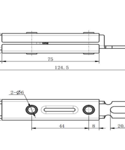DK633-3 slide latch technical drawing showing 124.5mm length, 2-Ø6mm slotted mounting holes, and integrated handle