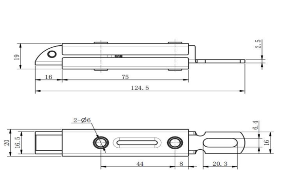 DK633-3 slide latch technical drawing showing 124.5mm length, 2-Ø6mm slotted mounting holes, and integrated handle