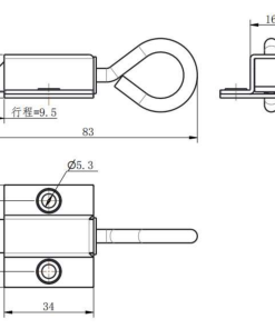 DK634-1 slide latch technical drawing showing 83mm length, 9.5mm stroke, and 2-Ø5.3mm mounting holes
