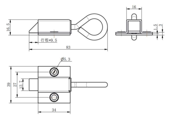 DK634-1 slide latch technical drawing showing 83mm length, 9.5mm stroke, and 2-Ø5.3mm mounting holes