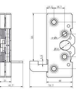 DK635-1 slide latch technical drawing showing 85mm base, Ø16mm locking hole, and 4-Ø8mm mounting holes