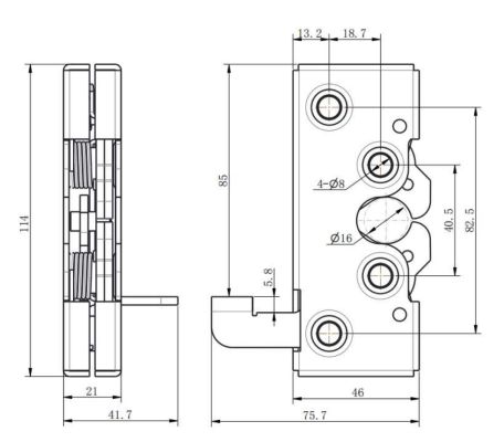DK635-1 slide latch technical drawing showing 85mm base, Ø16mm locking hole, and 4-Ø8mm mounting holes