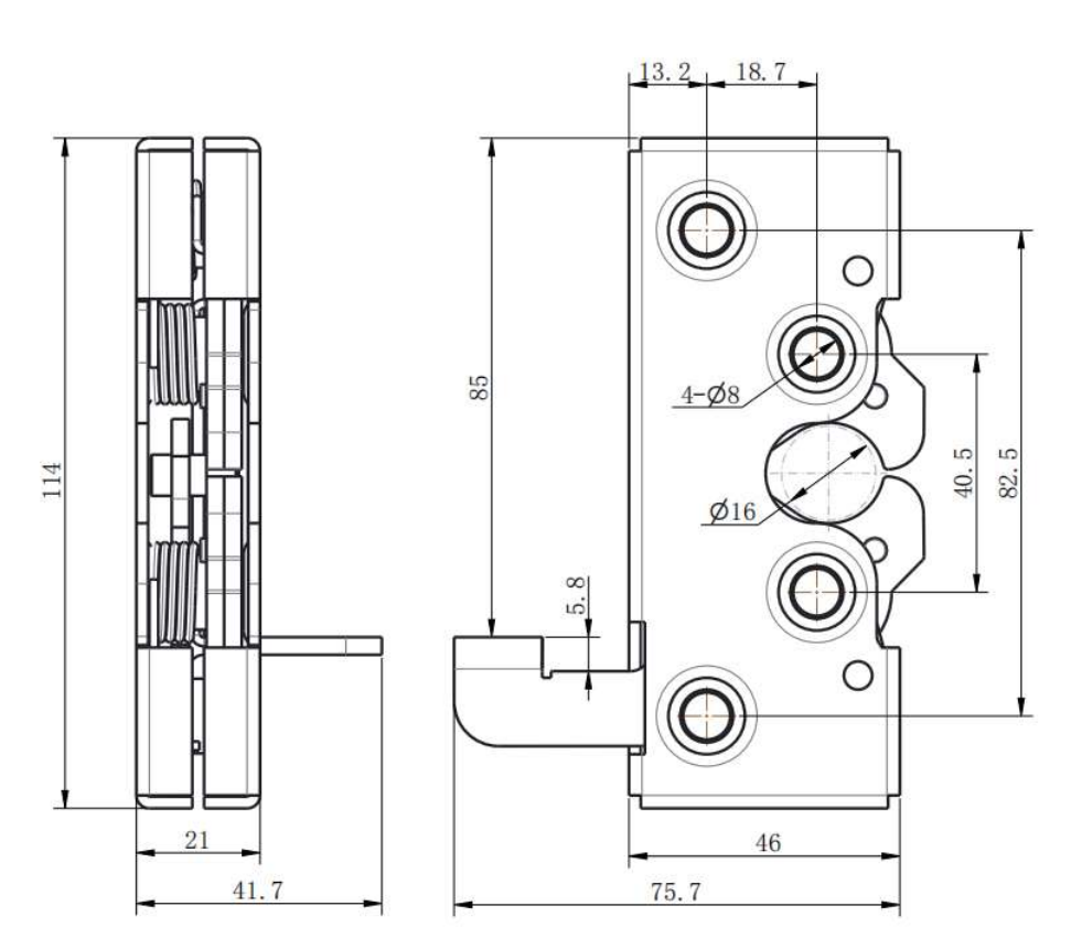 DK635-1 slide latch technical drawing showing 85mm base, Ø16mm locking hole, and 4-Ø8mm mounting holes
