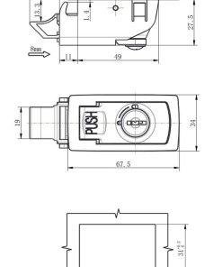 DK725-7 push-to-close latch technical drawing showing 90.5mm length, 49x31mm cutout, and 8mm stroke