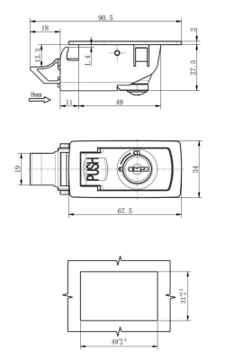 DK725-7 push-to-close latch technical drawing showing 90.5mm length, 49x31mm cutout, and 8mm stroke