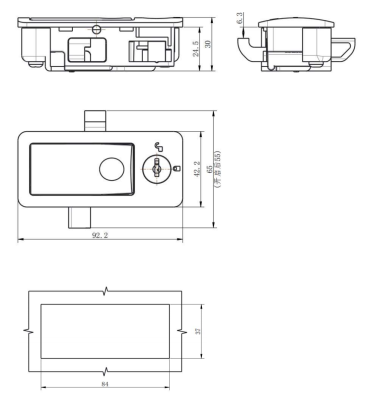 DK725-8 push-to-close latch technical drawing showing 92.2mm length, 84x37mm cutout, and 24.5mm internal depth