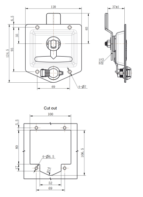 MB857-1 recessed paddle latch technical drawing and cutout dimension diagram